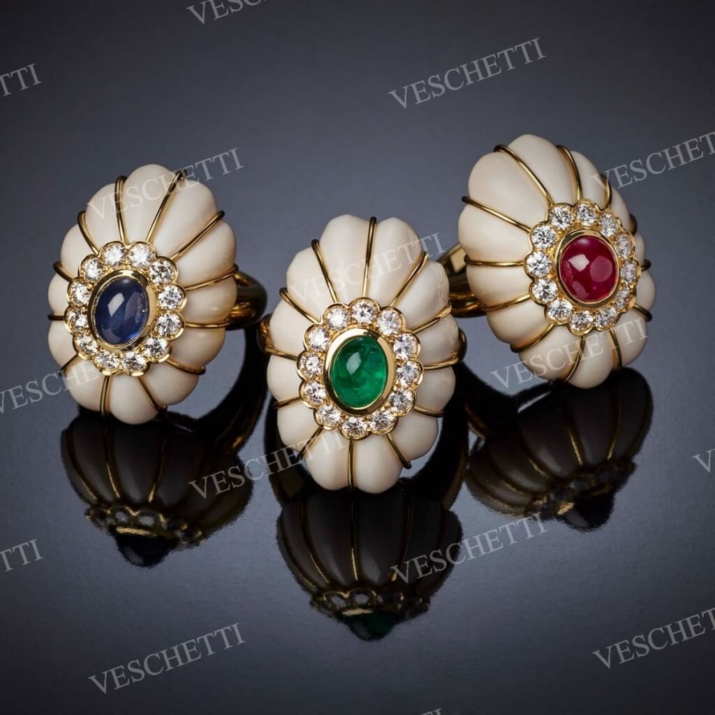 Fossil ivory, sapphire, emerald, ruby and diamonds rings IVORY