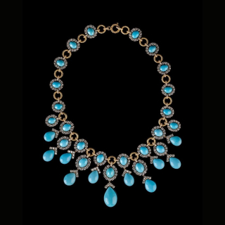 Collana in Oro Giallo con Turchesi Arizona 150 carati e pavè di diamanti 