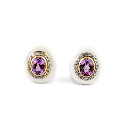 Orecchini in Oro e smalto bianco con Kunzite e Diamanti 