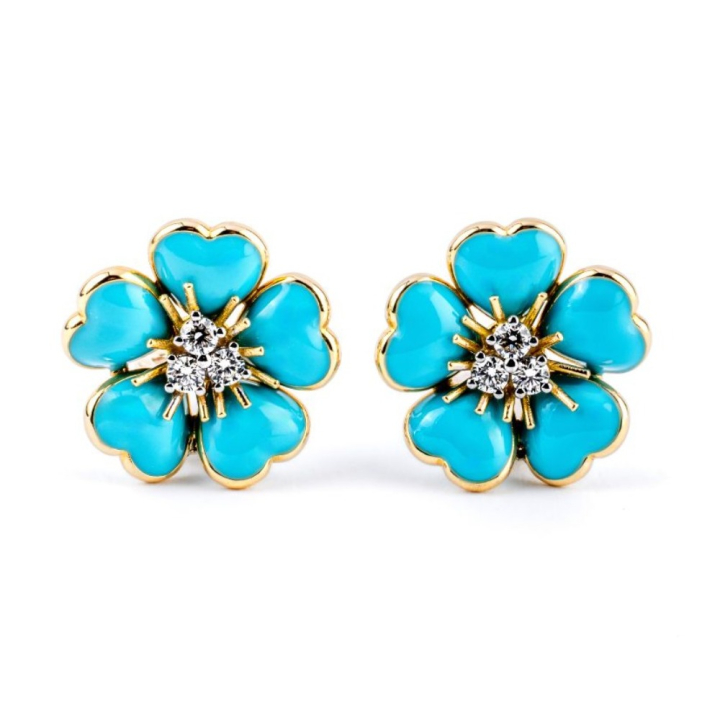 orecchini a fiore in oro e smalto azzurro