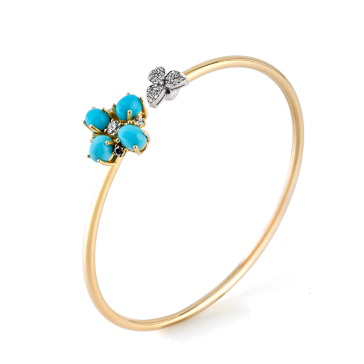 Bracciale in oro giallo e bianco 18 kt con turchese e diamanti taglio a brillante