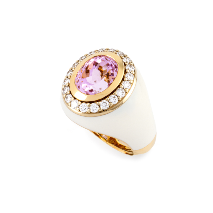 Anello in Oro e smalto bianco, Kunzite e Diamanti