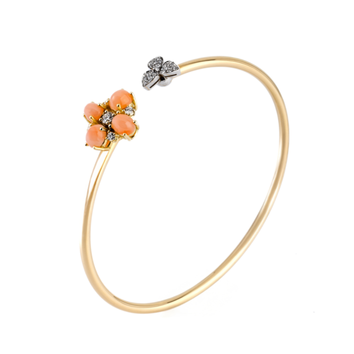 Bracciale in oro giallo e bianco, corallo e diamanti taglio a brillante
