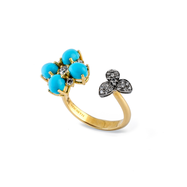 Anello in oro giallo e bianco 18 kt con turchese e diamanti