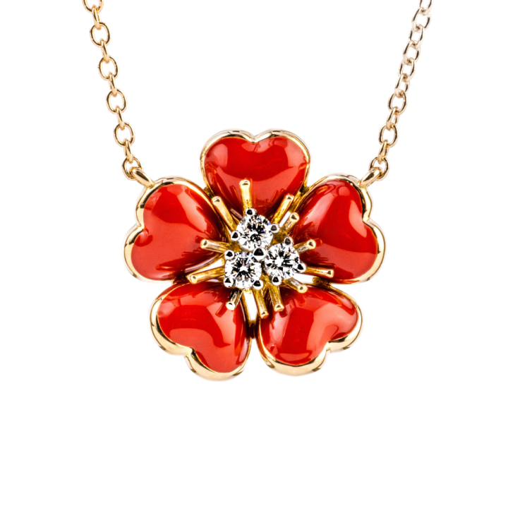 girocollo a fiore in oro e smalto rosso