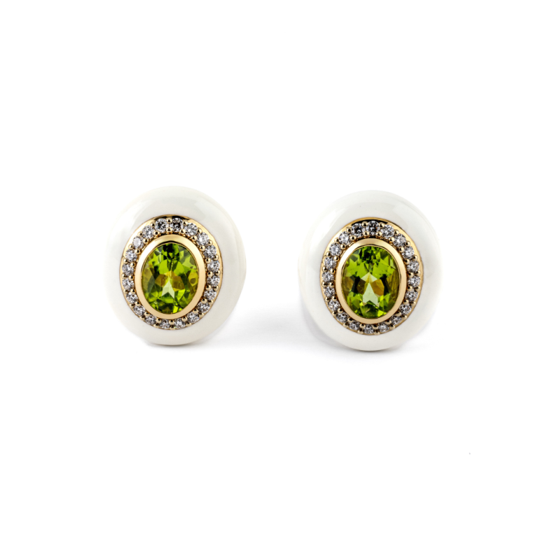 Orecchini in Oro e smalto bianco con Peridoto e Diamanti