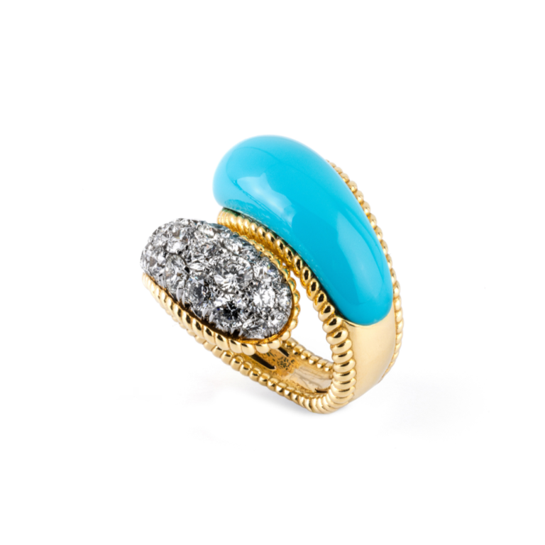 Anello in oro con turchese arizona e diamanti