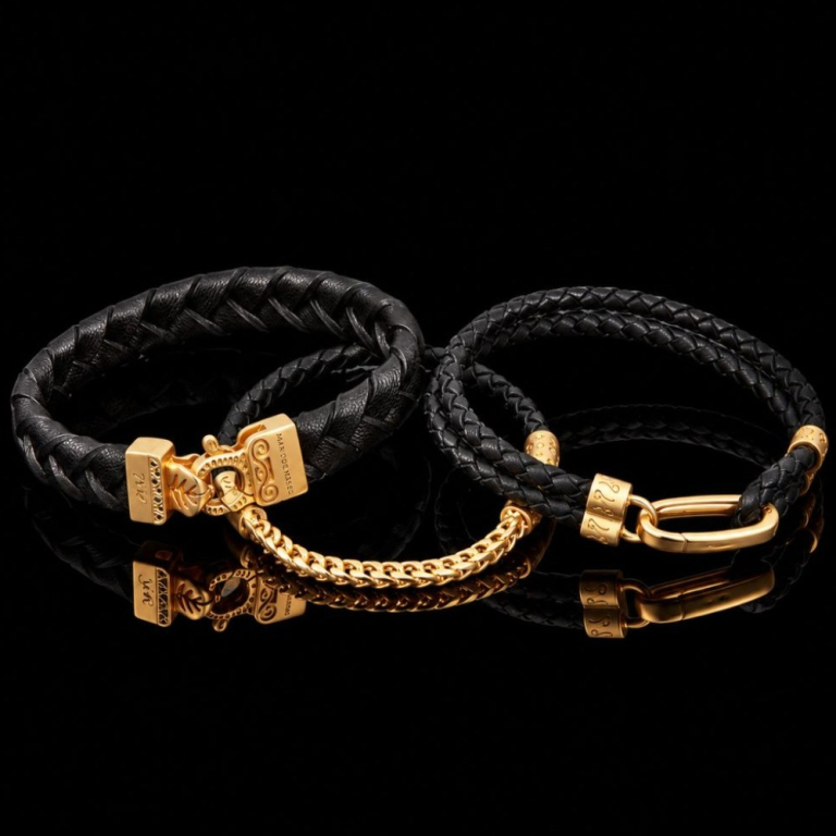 3 Bracciali in pelle intrecciata e argento placcato oro giallo 18 kt