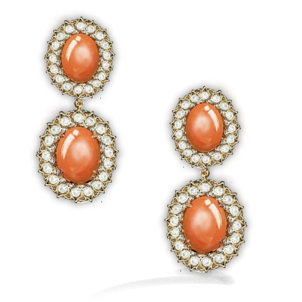 Elodie  Orecchini in oro giallo 18 kt con coralli e diamanti taglio a brillante 